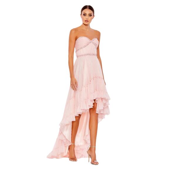 Mac Duggal NWT Beaded Ruffle High Low Strapless Gown in Ice Pink Size 4 - Picture 1 of 9